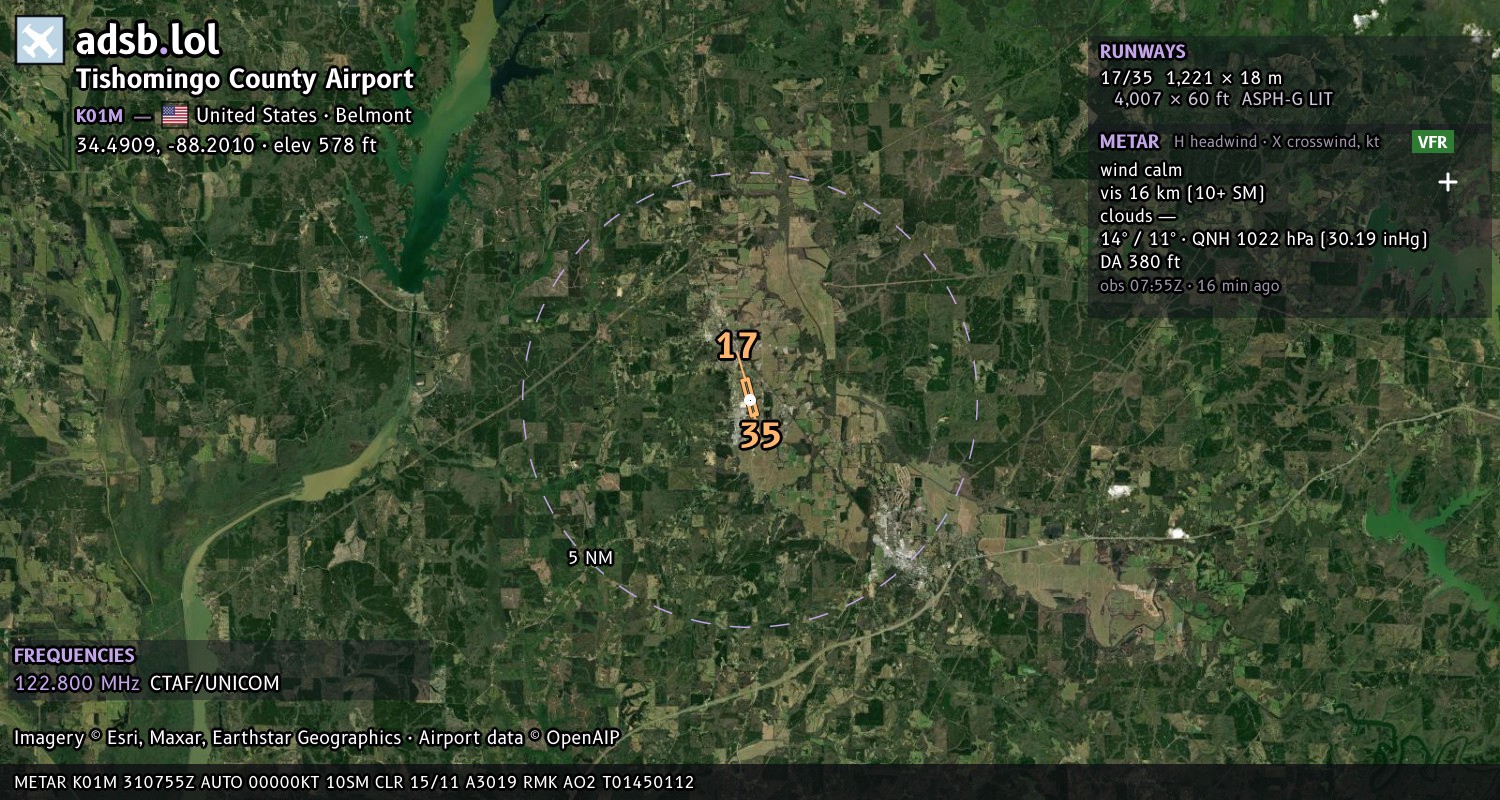 Satellite map with the runway layout of Tishomingo County Airport (K01M)