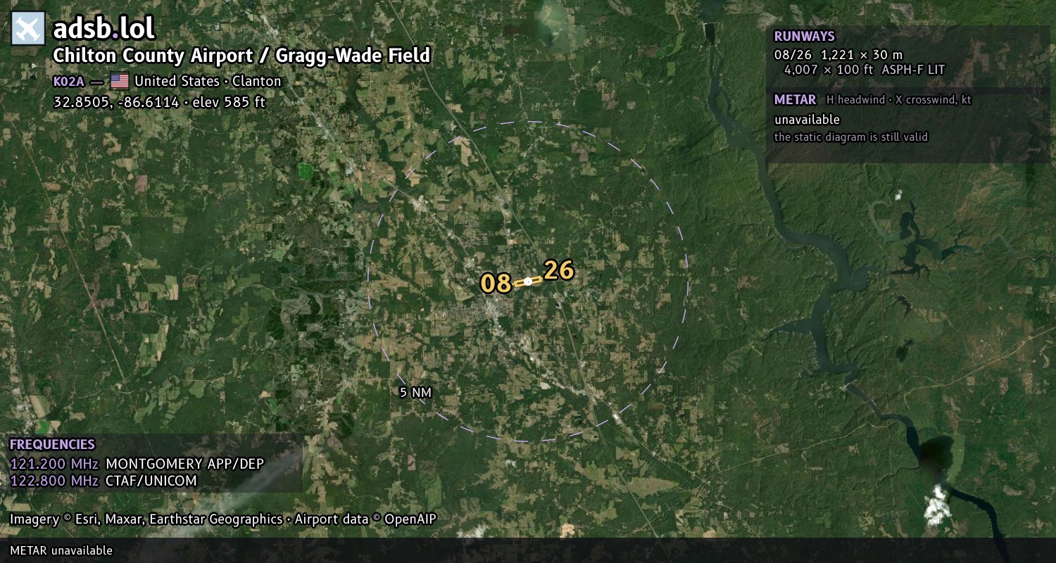 Satellite map with the runway layout of Chilton County Airport / Gragg-Wade Field (K02A)