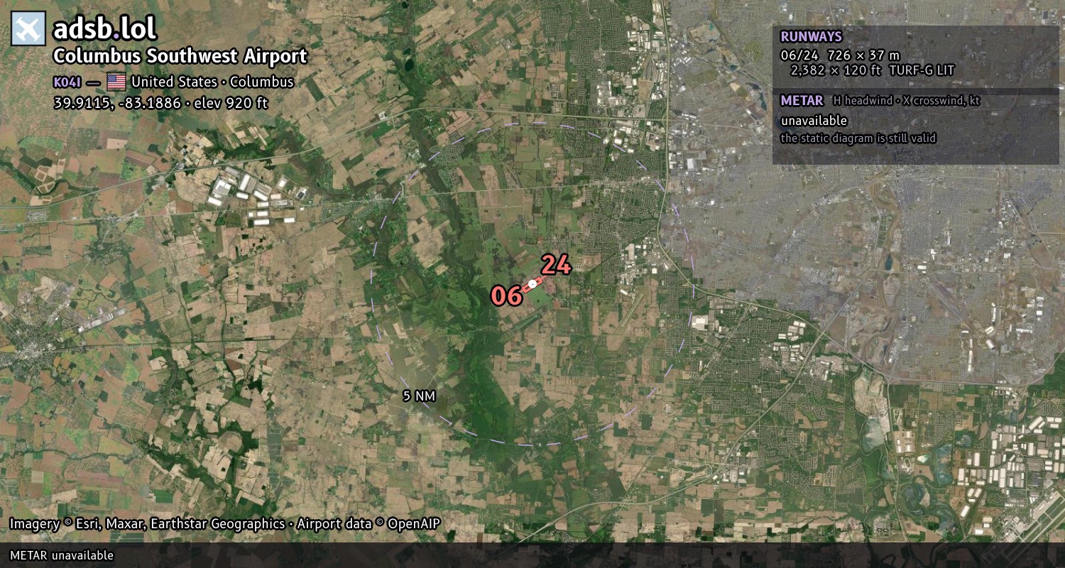 Satellite map with the runway layout of Columbus Southwest Airport (K04I)