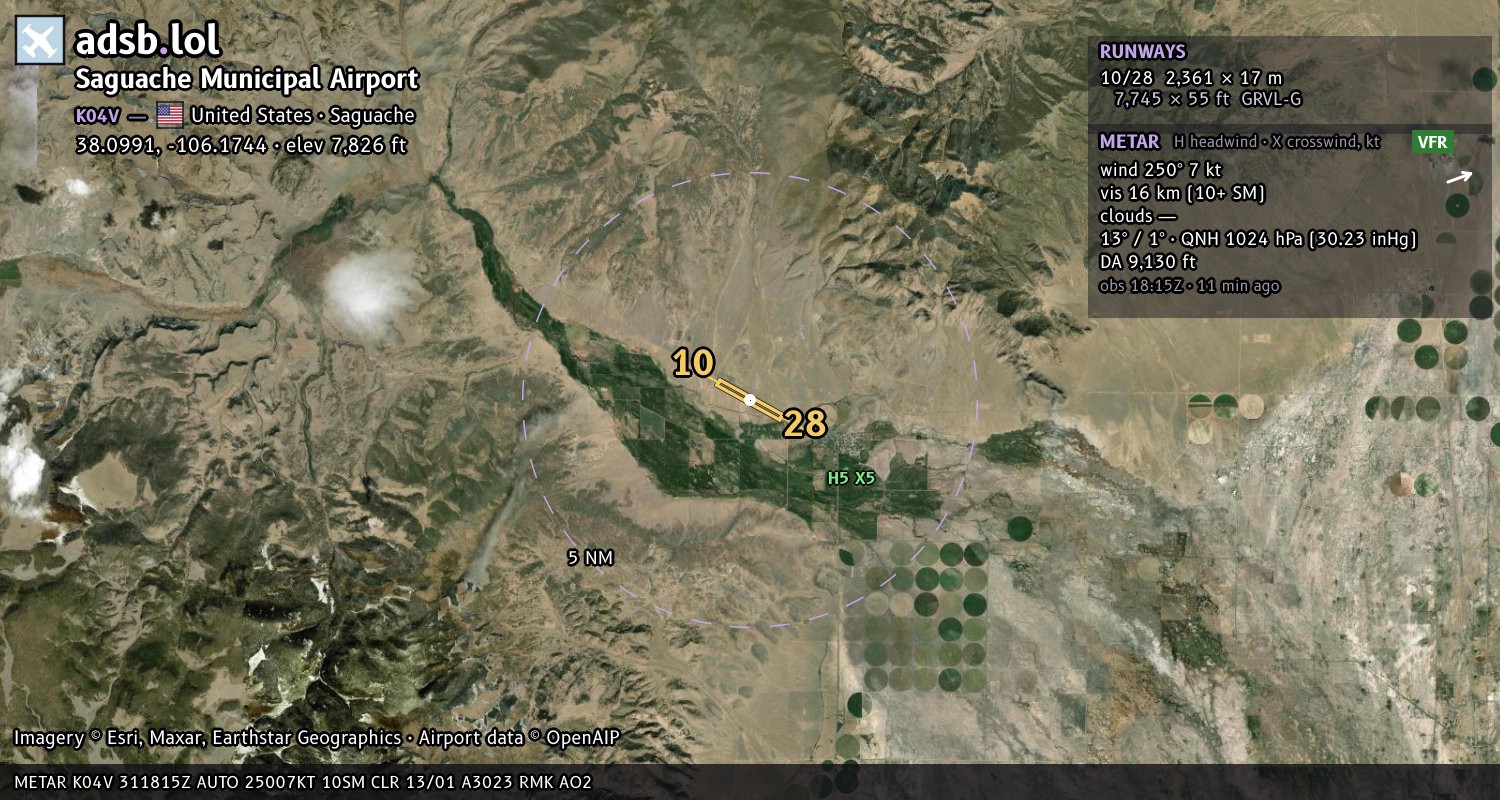 Satellite map with the runway layout of Saguache Municipal Airport (K04V)