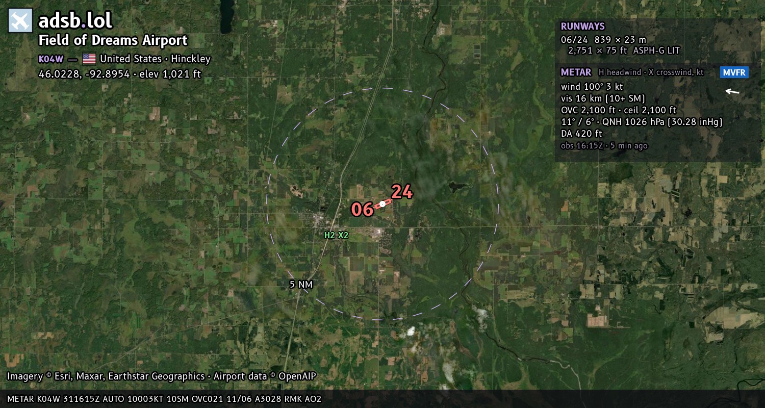 Satellite map with the runway layout of Field of Dreams Airport (K04W)