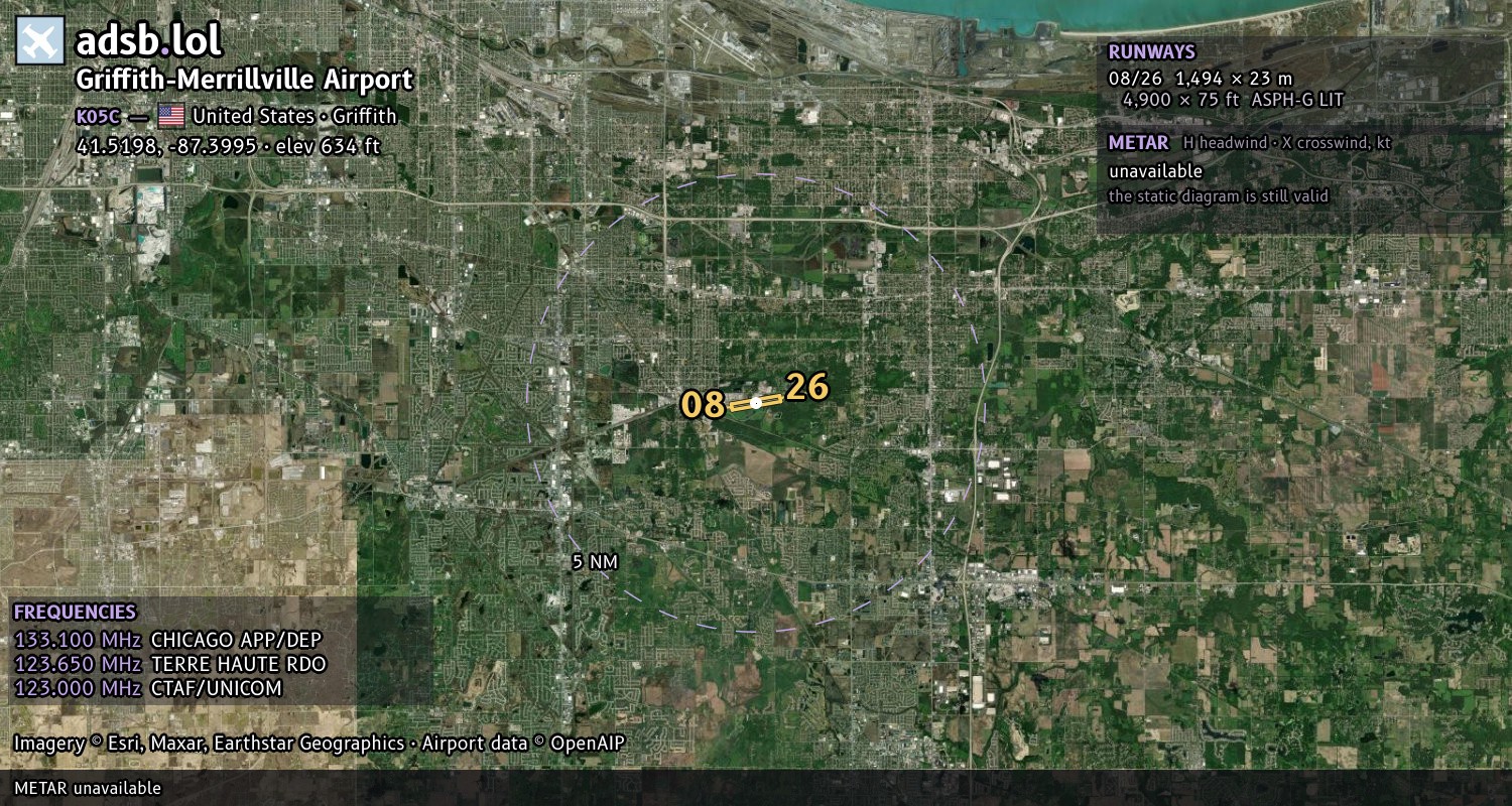 Satellite map with the runway layout of Griffith-Merrillville Airport (K05C)