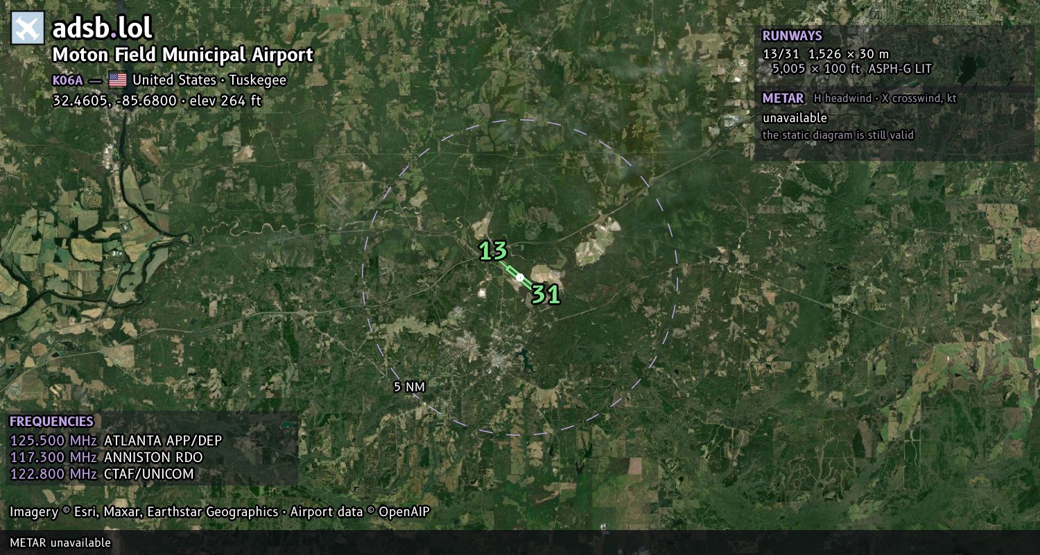 Satellite map with the runway layout of Moton Field Municipal Airport (K06A)