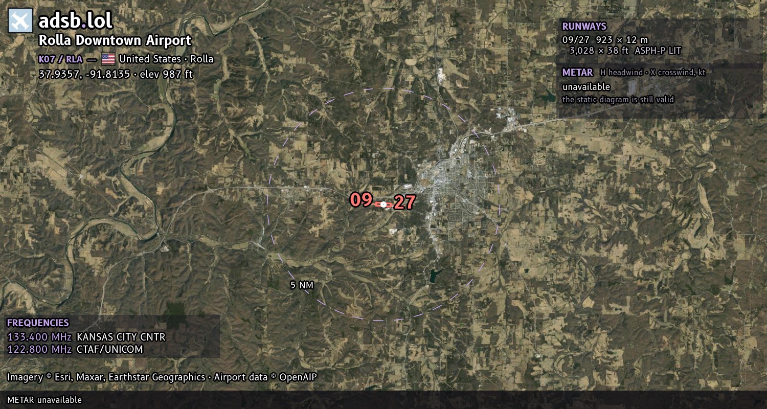 Satellite map with the runway layout of Rolla Downtown Airport (K07)