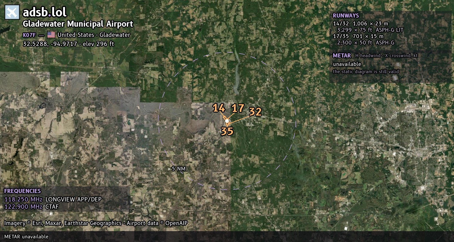 Satellite map with the runway layout of Gladewater Municipal Airport (K07F)