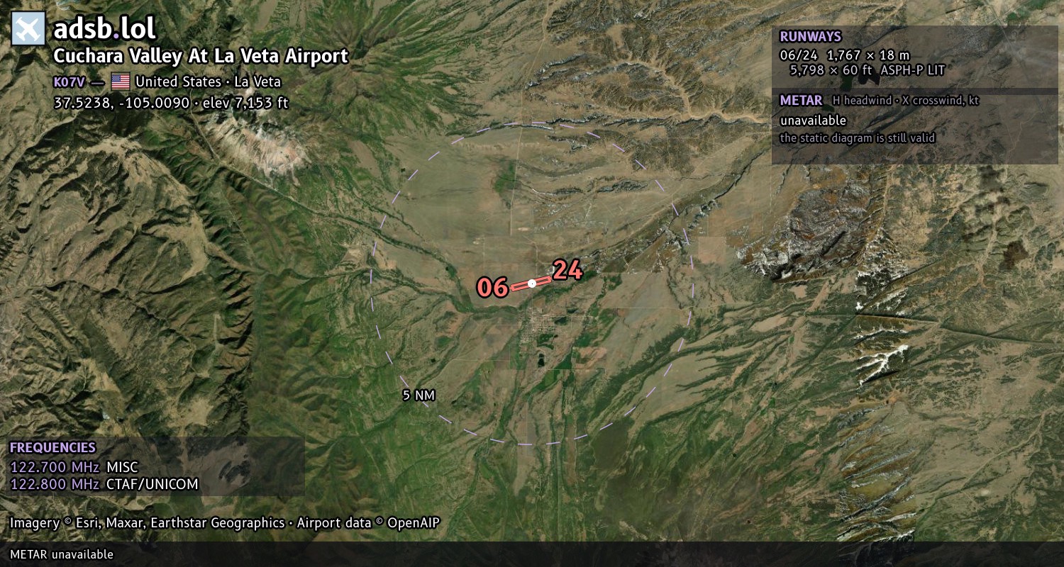 Satellite map with the runway layout of Cuchara Valley At La Veta Airport (K07V)