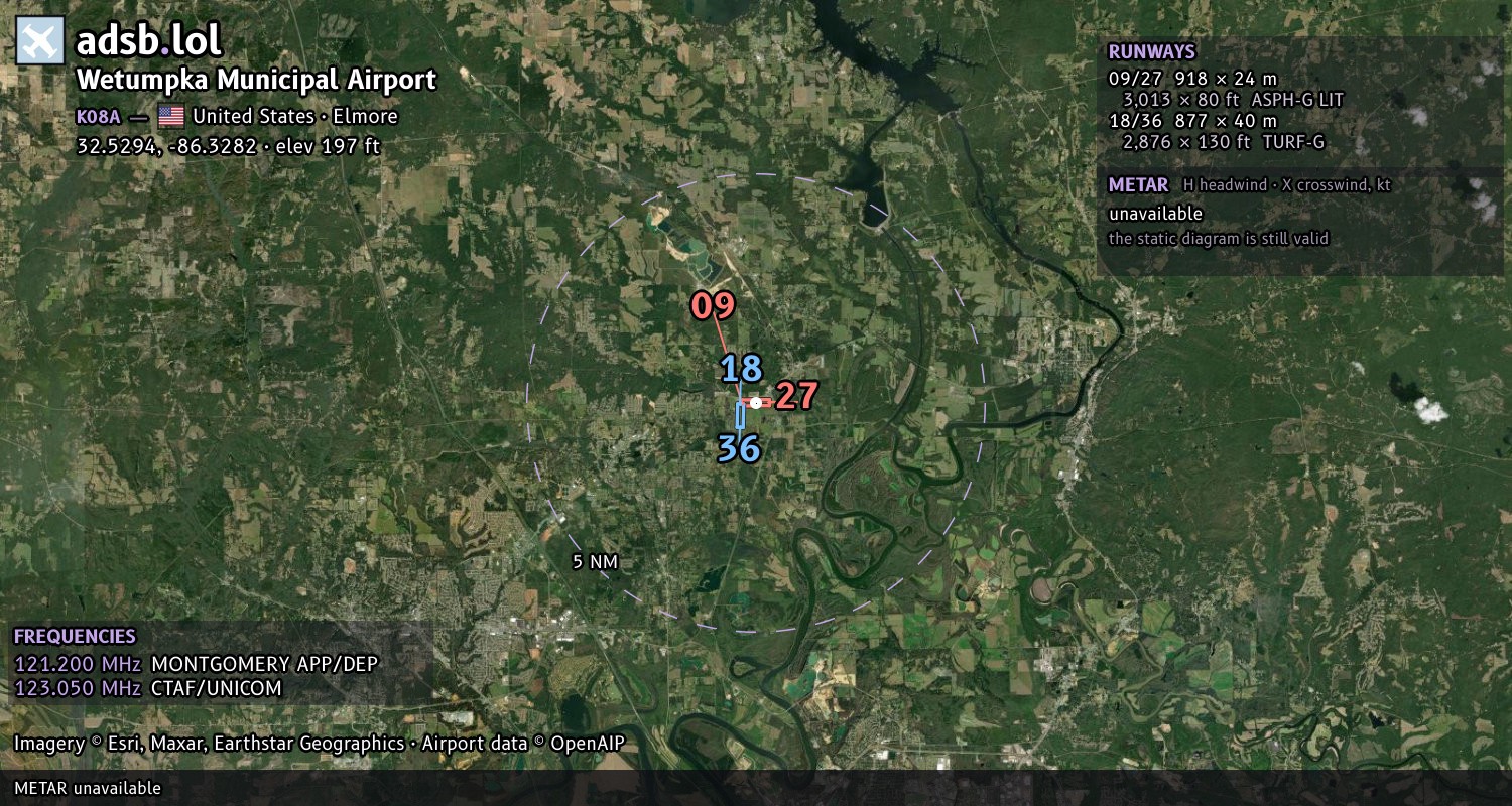 Satellite map with the runway layout of Wetumpka Municipal Airport (K08A)