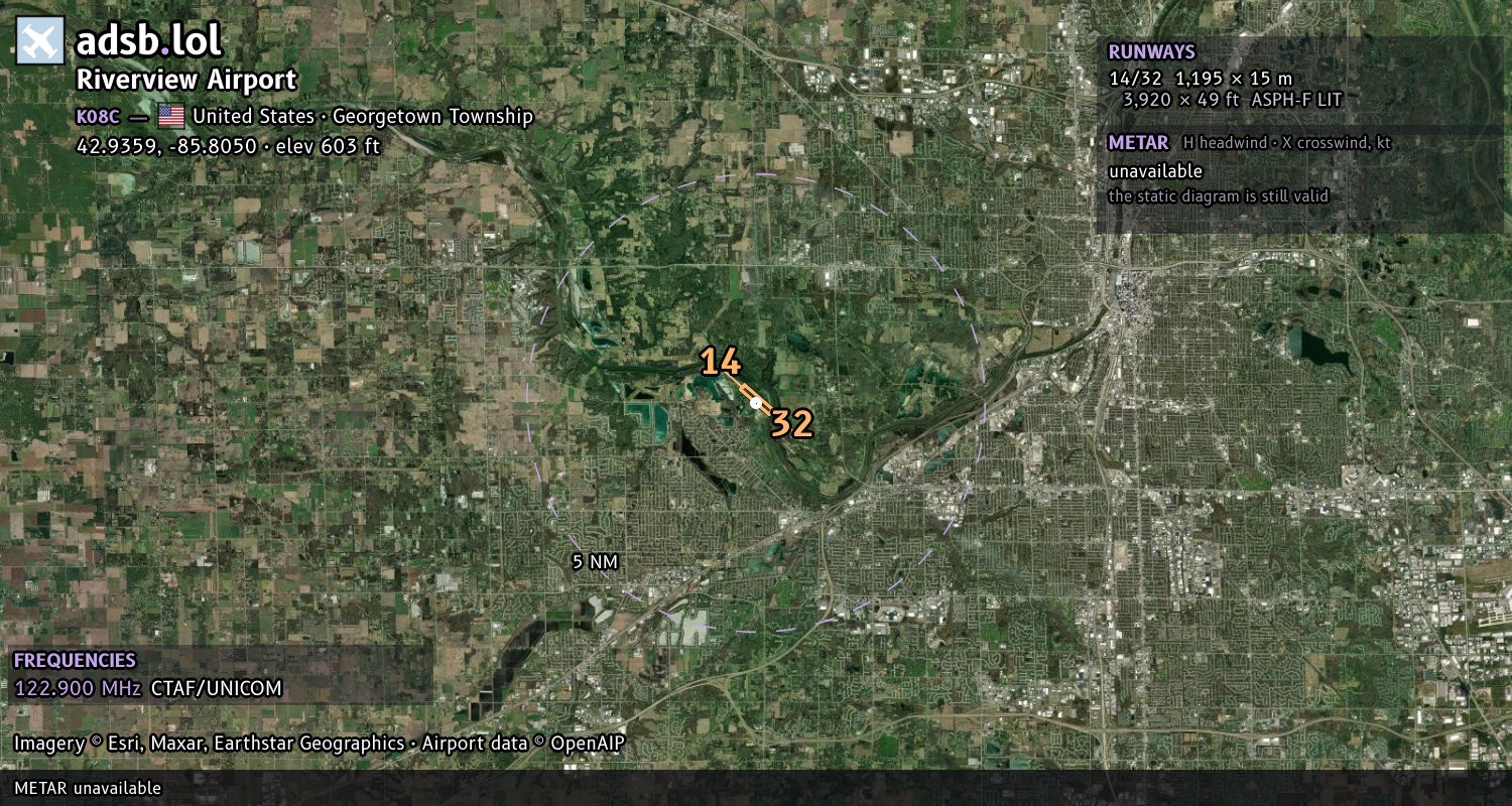Satellite map with the runway layout of Riverview Airport (K08C)