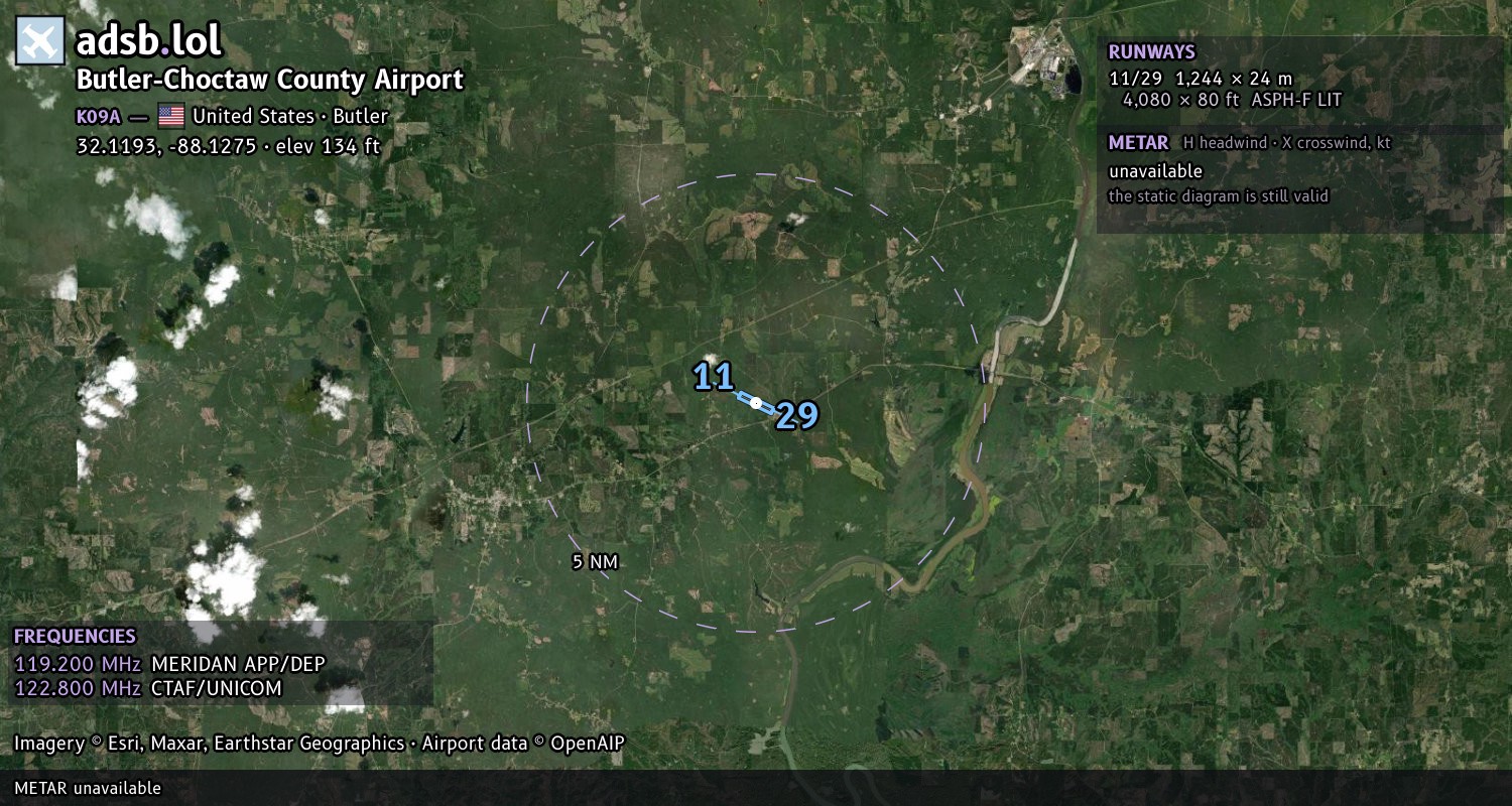 Satellite map with the runway layout of Butler-Choctaw County Airport (K09A)