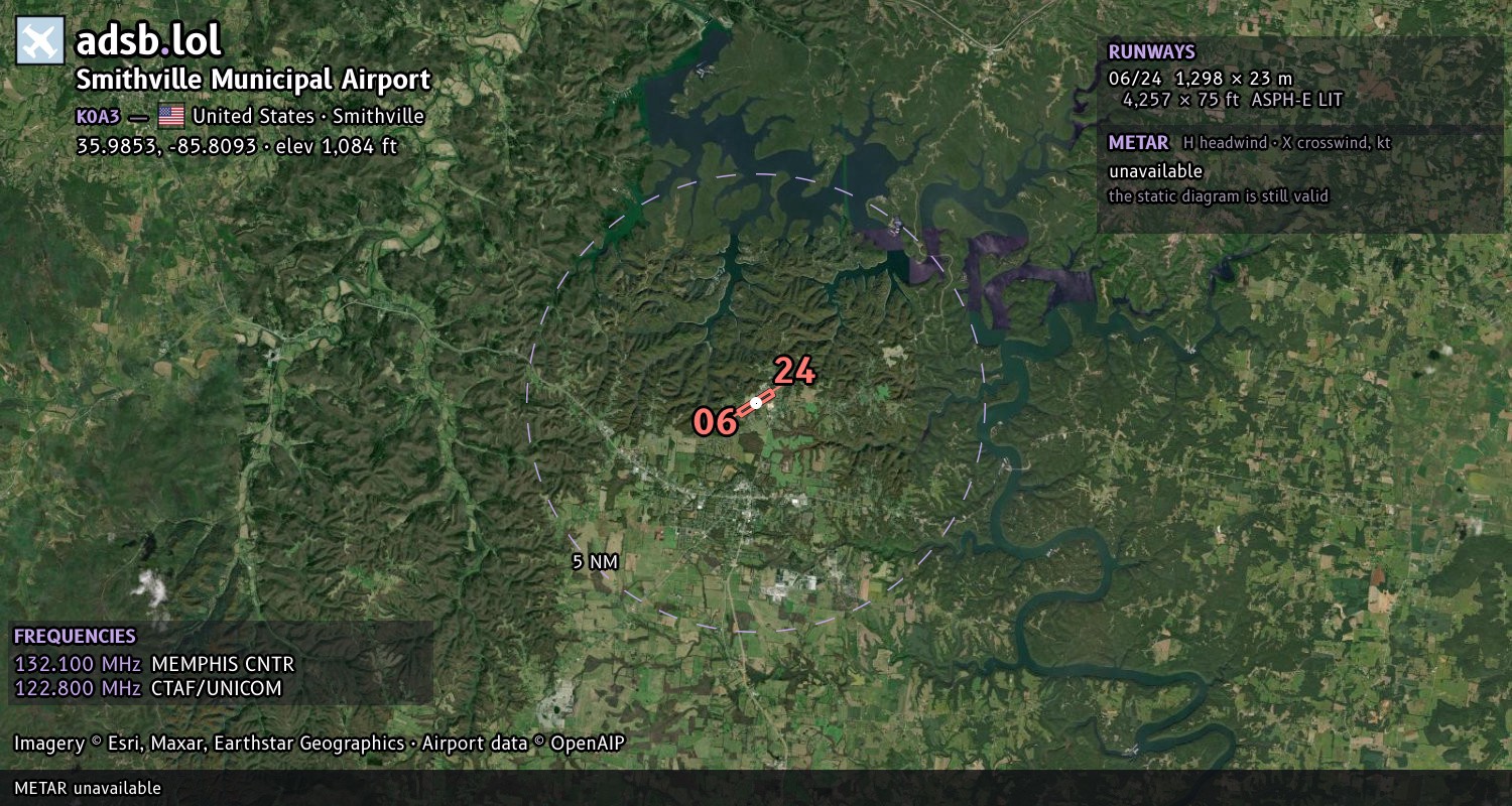 Satellite map with the runway layout of Smithville Municipal Airport (K0A3)