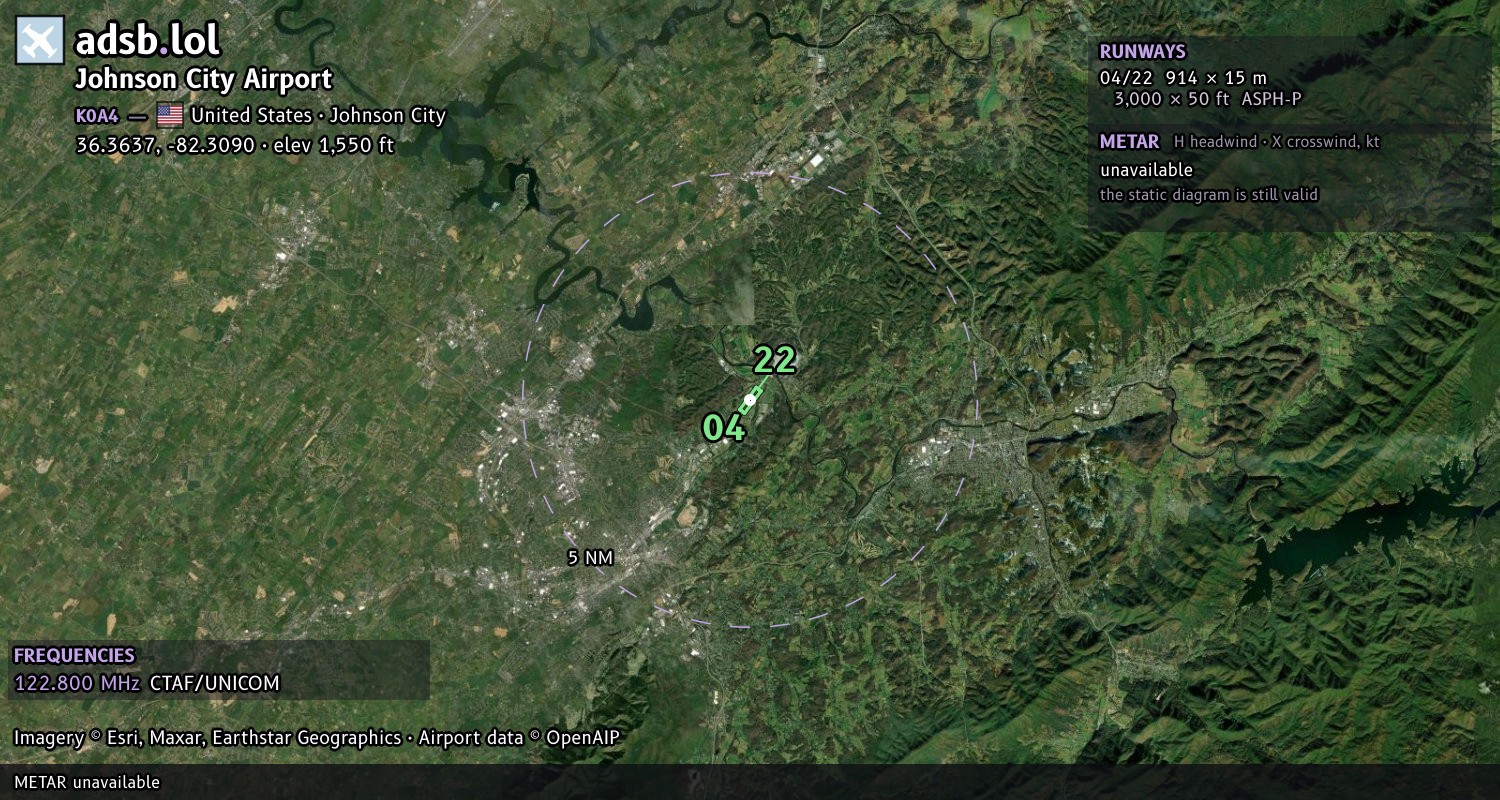 Satellite map with the runway layout of Johnson City Airport (K0A4)