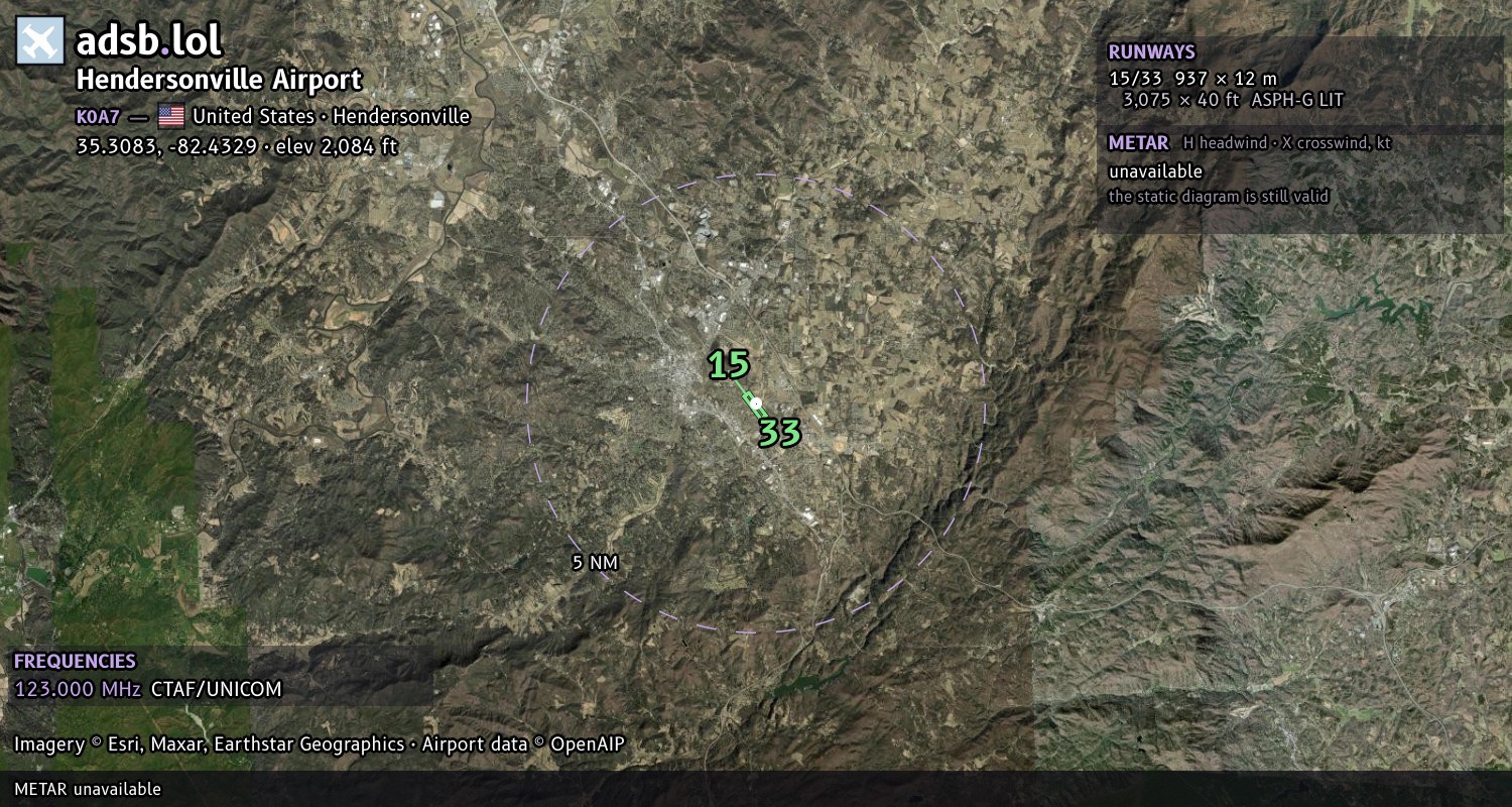 Satellite map with the runway layout of Hendersonville Airport (K0A7)