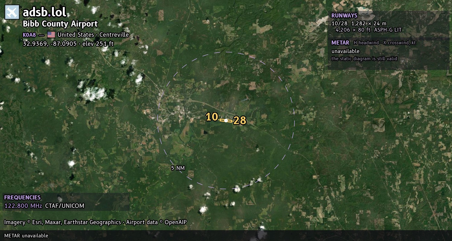 Satellite map with the runway layout of Bibb County Airport (K0A8)