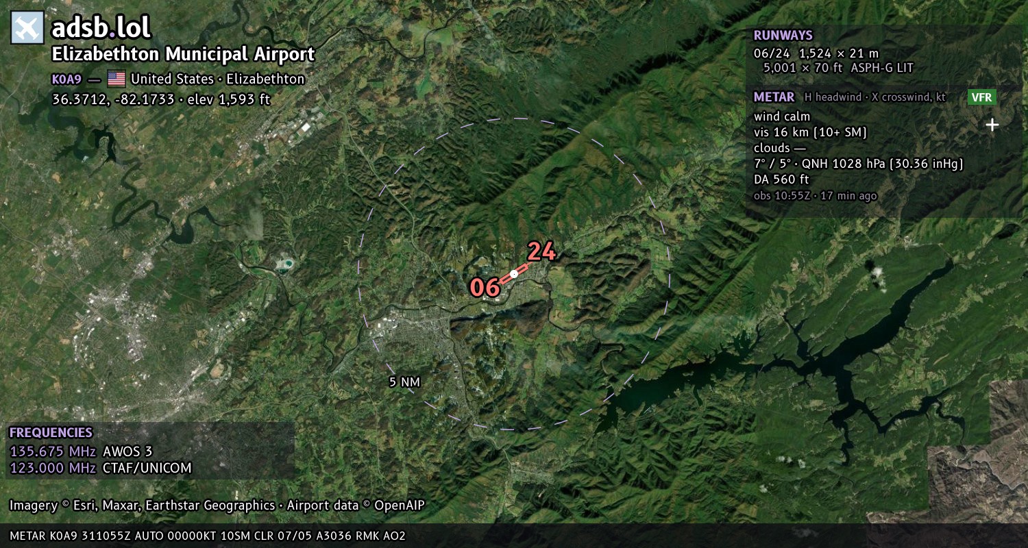 Satellite map with the runway layout of Elizabethton Municipal Airport (K0A9)