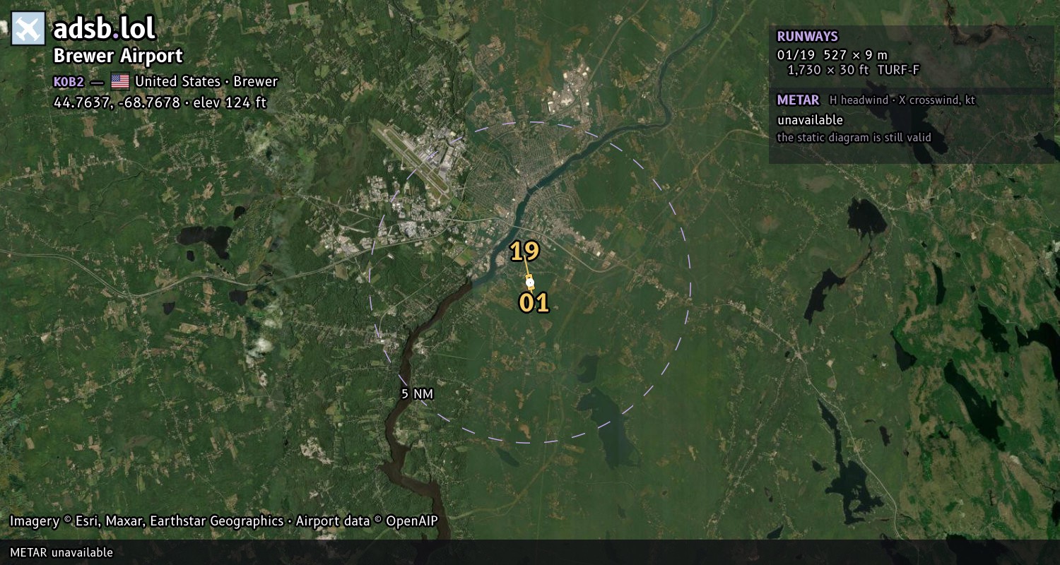 Satellite map with the runway layout of Brewer Airport (K0B2)