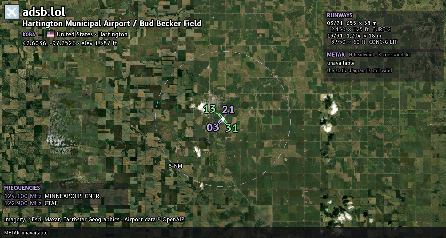 Satellite map with the runway layout of Hartington Municipal Airport / Bud Becker Field (K0B4)