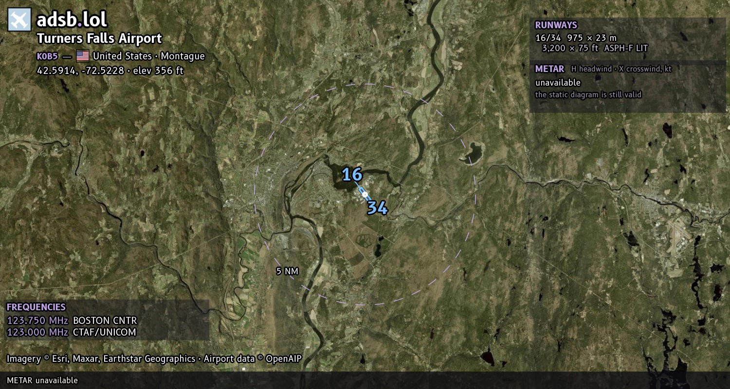 Satellite map with the runway layout of Turners Falls Airport (K0B5)