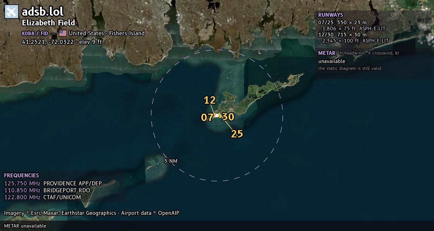 Satellite map with the runway layout of Elizabeth Field (K0B8)
