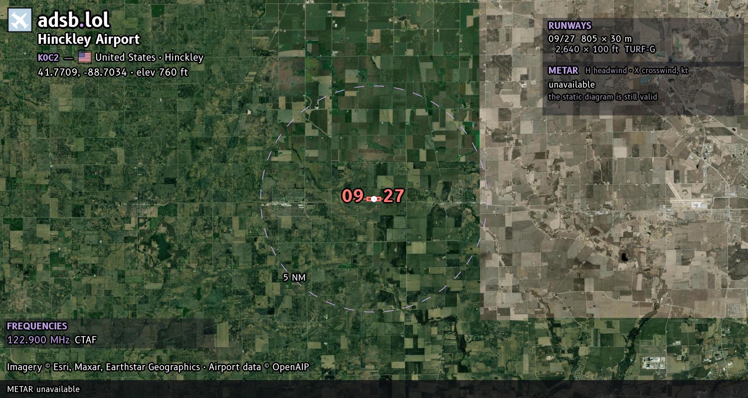 Satellite map with the runway layout of Hinckley Airport (K0C2)