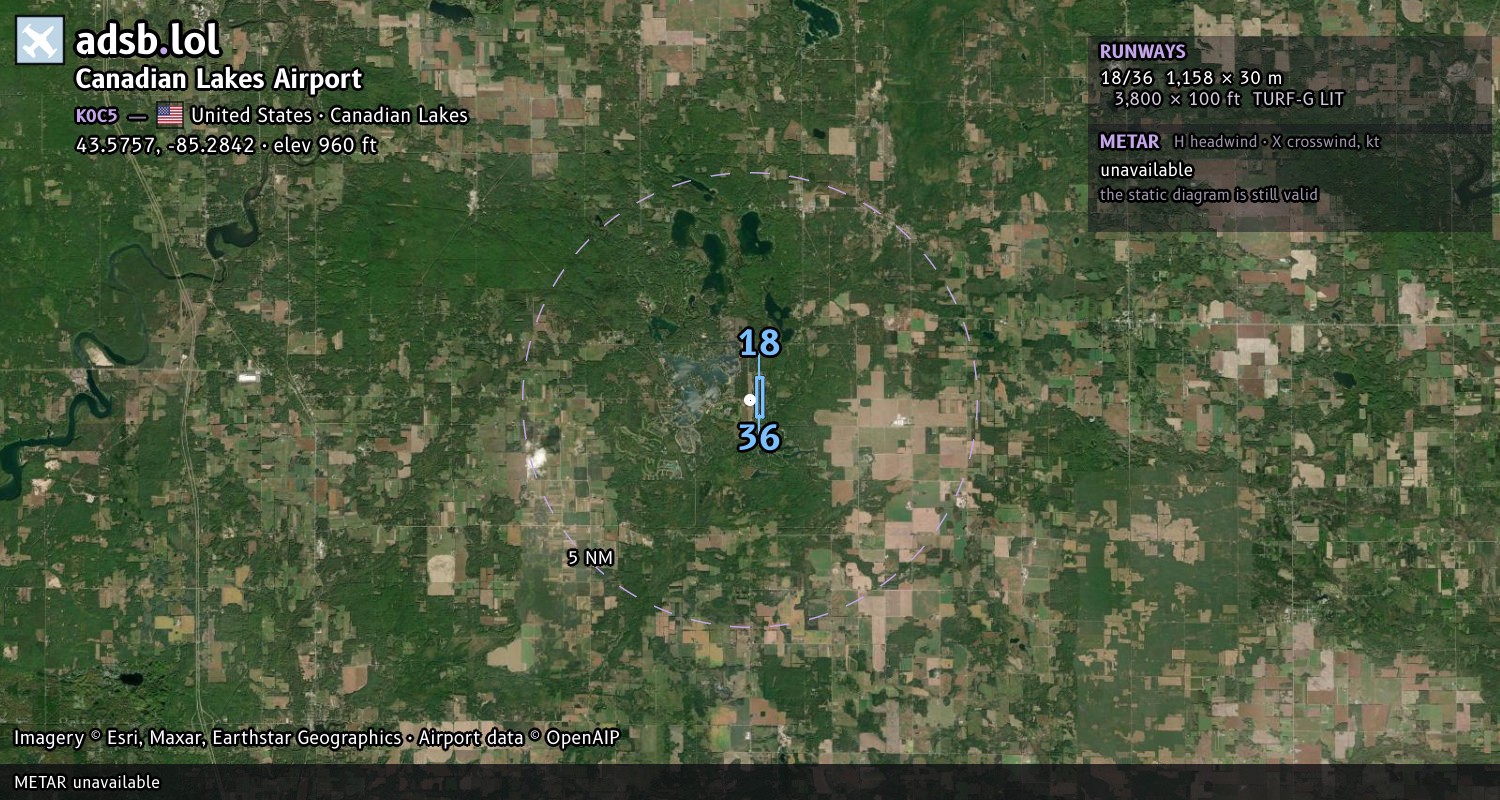 Satellite map with the runway layout of Canadian Lakes Airport (K0C5)