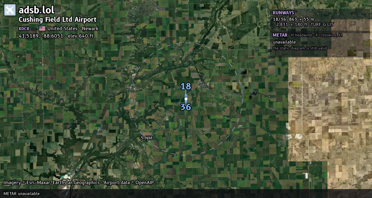 Satellite map with the runway layout of Cushing Field Ltd Airport (K0C8)