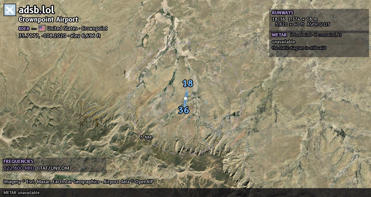 Satellite map with the runway layout of Crownpoint Airport (K0E8)
