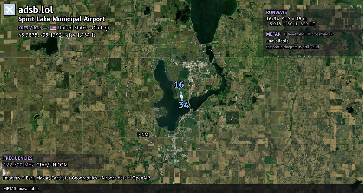 Satellite map with the runway layout of Spirit Lake Municipal Airport (K0F3)