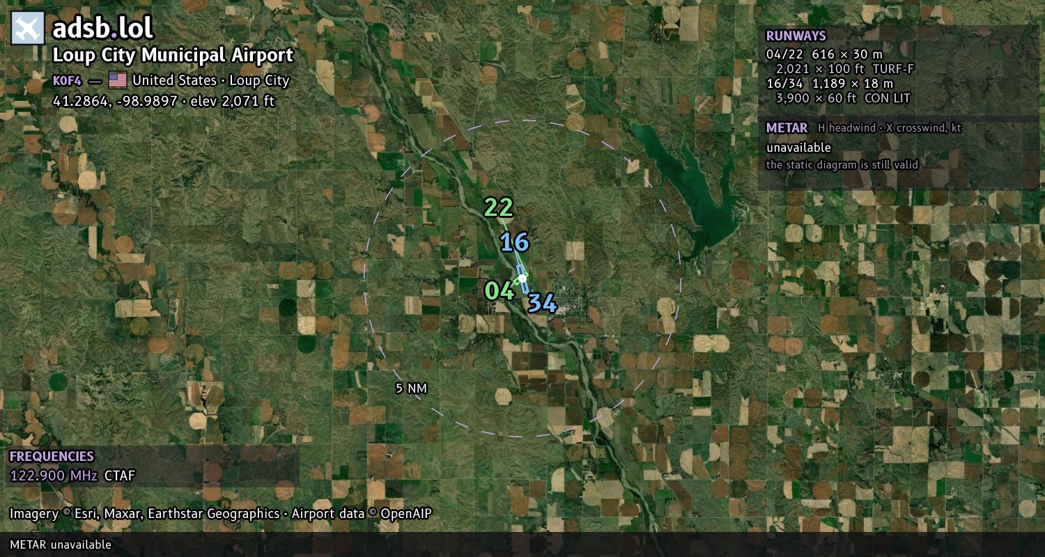 Satellite map with the runway layout of Loup City Municipal Airport (K0F4)
