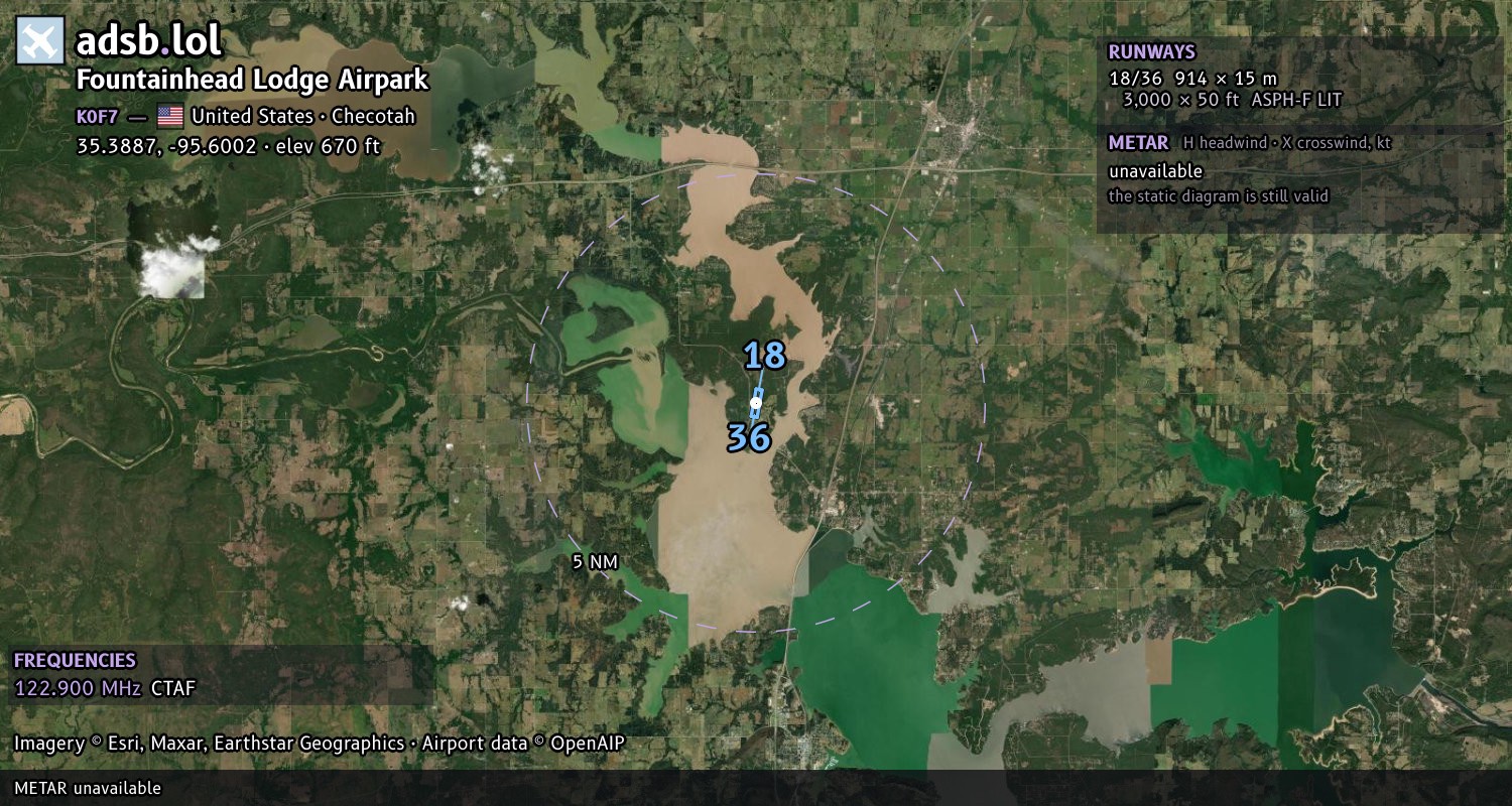 Satellite map with the runway layout of Fountainhead Lodge Airpark (K0F7)