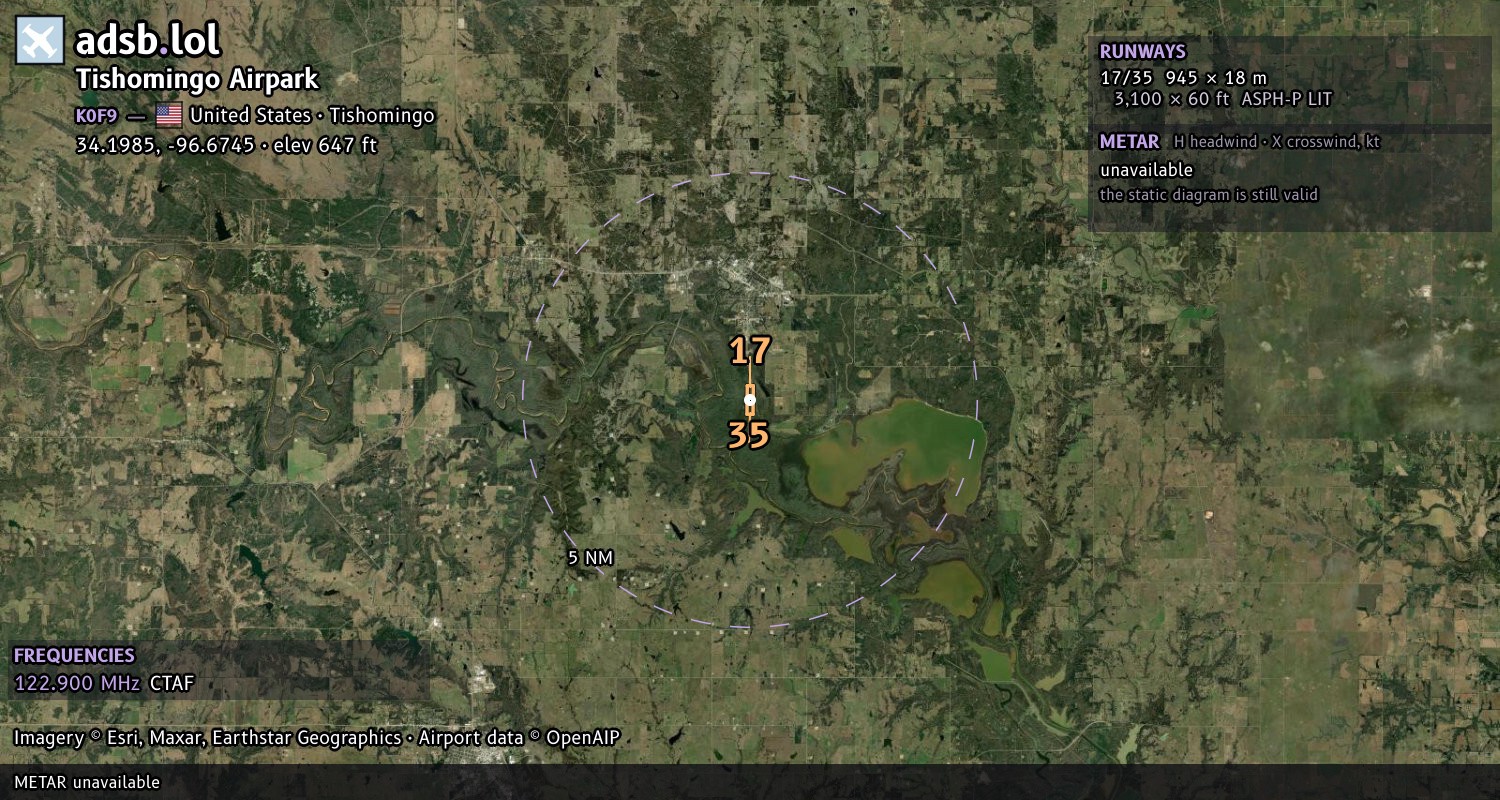 Satellite map with the runway layout of Tishomingo Airpark (K0F9)
