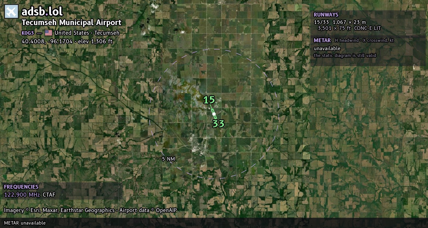 Satellite map with the runway layout of Tecumseh Municipal Airport (K0G3)
