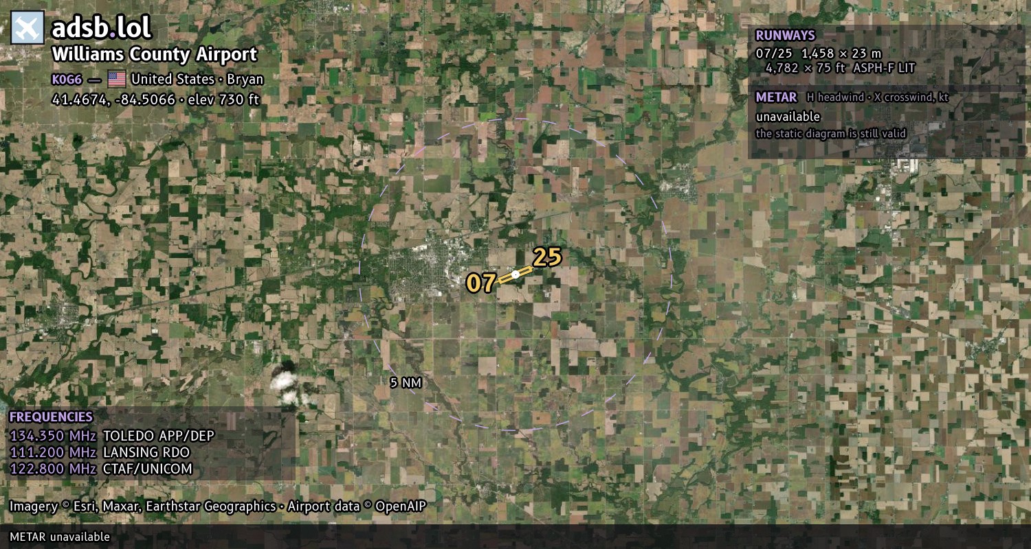 Satellite map with the runway layout of Williams County Airport (K0G6)
