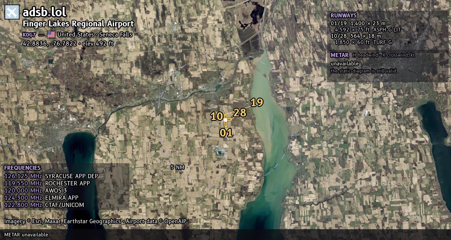 Satellite map with the runway layout of Finger Lakes Regional Airport (K0G7)