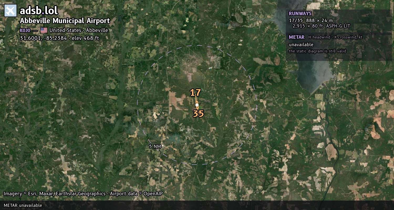 Satellite map with the runway layout of Abbeville Municipal Airport (K0J0)