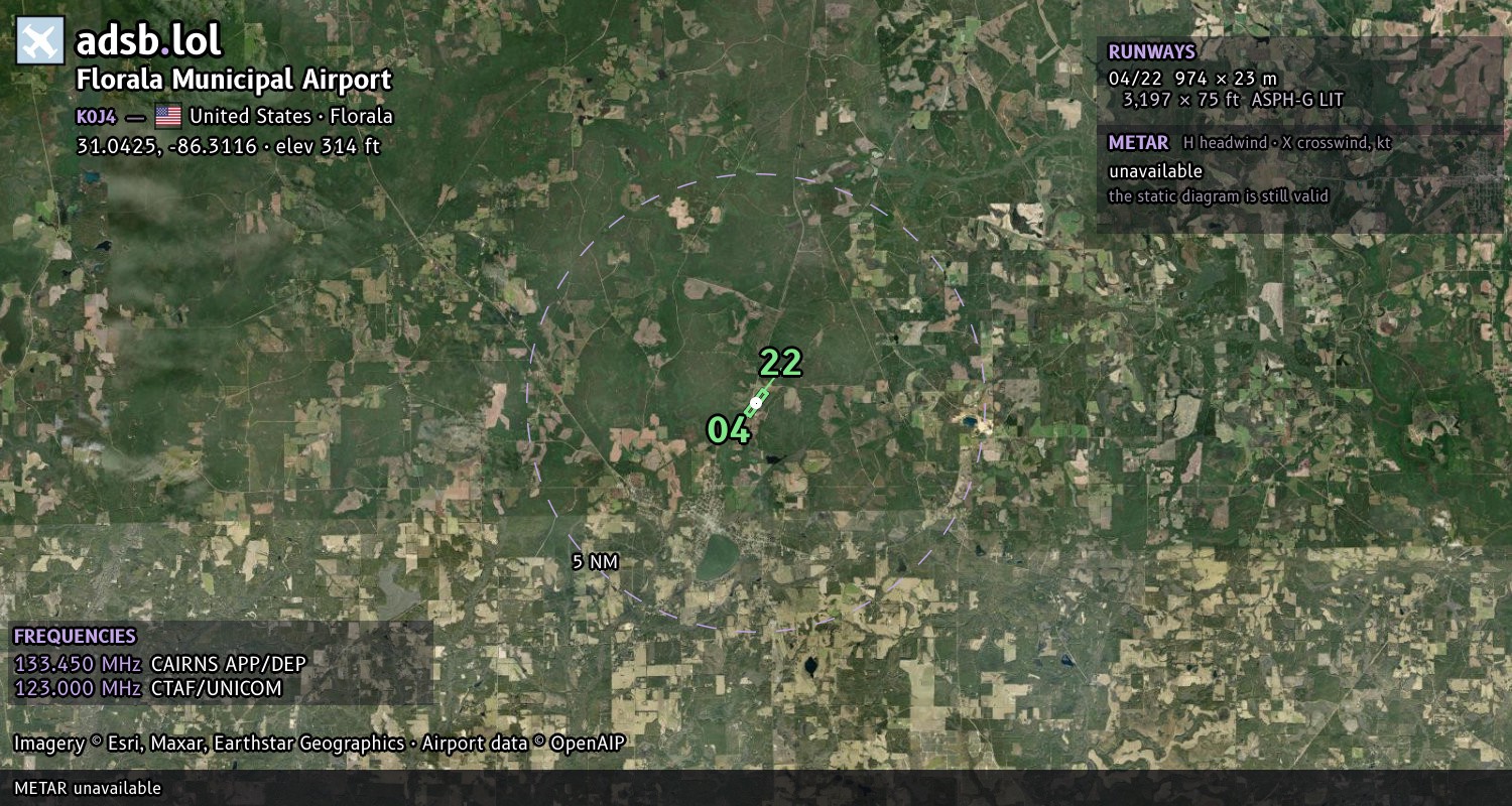 Satellite map with the runway layout of Florala Municipal Airport (K0J4)