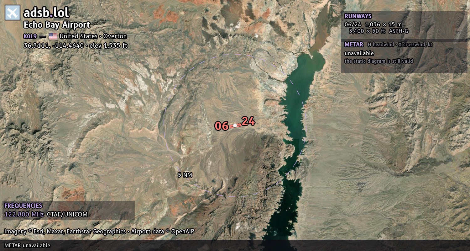 Satellite map with the runway layout of Echo Bay Airport (K0L9)