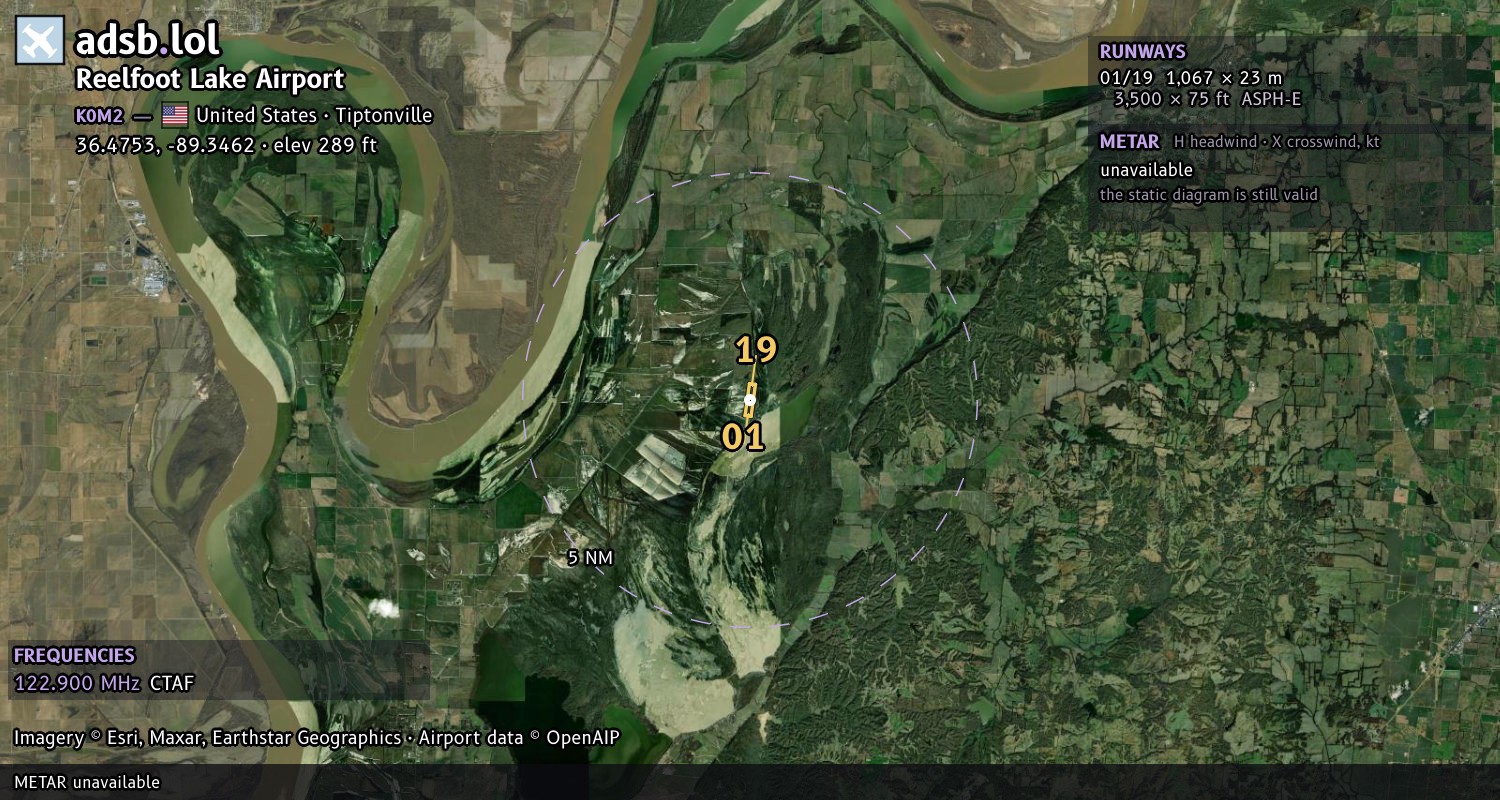 Satellite map with the runway layout of Reelfoot Lake Airport (K0M2)