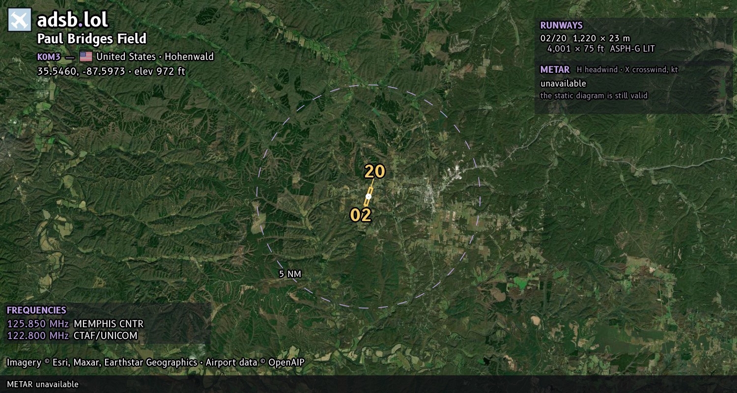 Satellite map with the runway layout of Paul Bridges Field (K0M3)