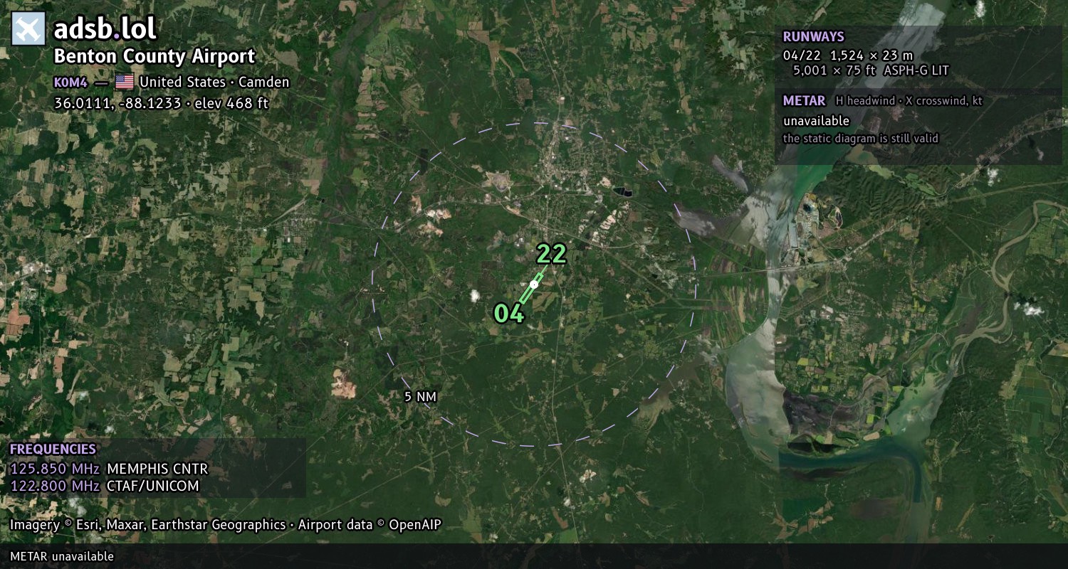 Satellite map with the runway layout of Benton County Airport (K0M4)