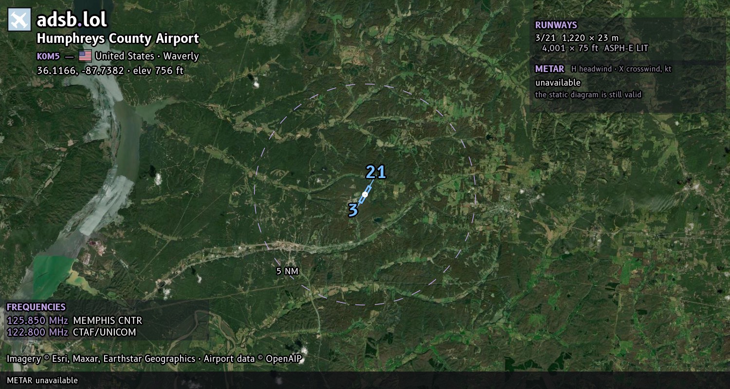 Satellite map with the runway layout of Humphreys County Airport (K0M5)