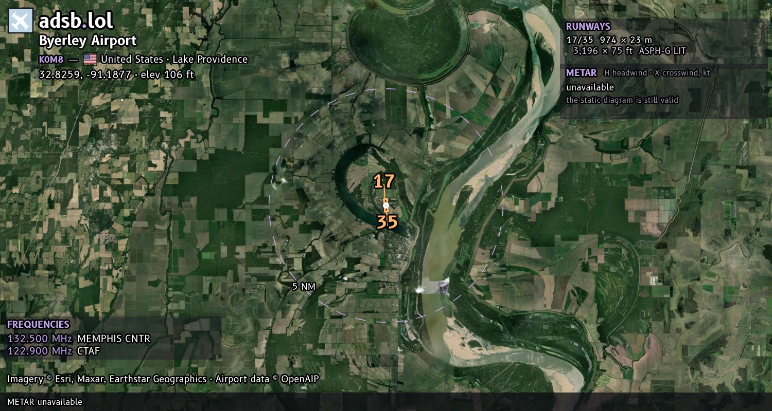 Satellite map with the runway layout of Byerley Airport (K0M8)