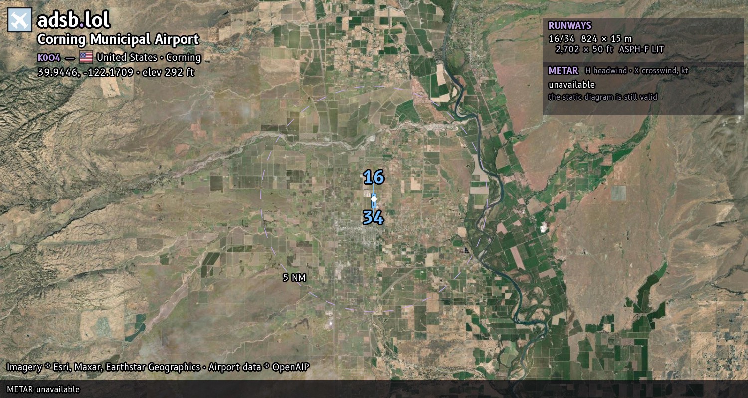 Satellite map with the runway layout of Corning Municipal Airport (K0O4)