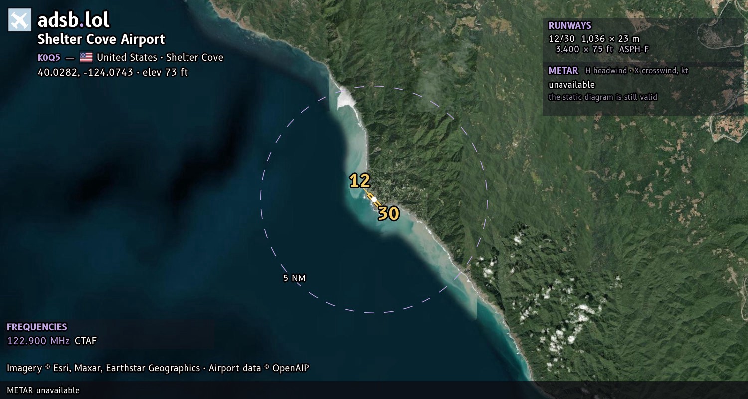 Satellite map with the runway layout of Shelter Cove Airport (K0Q5)