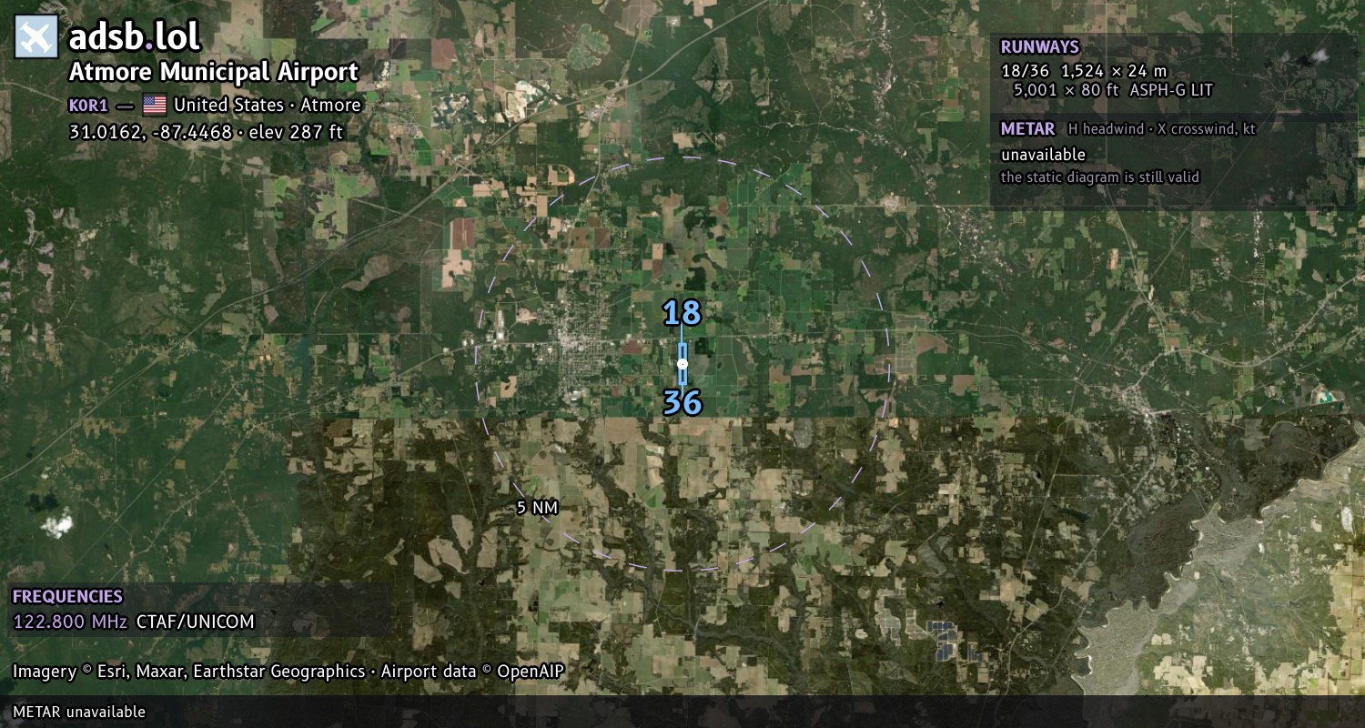 Satellite map with the runway layout of Atmore Municipal Airport (K0R1)