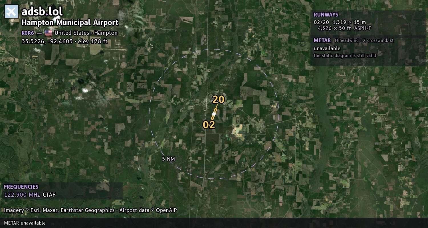 Satellite map with the runway layout of Hampton Municipal Airport (K0R6)