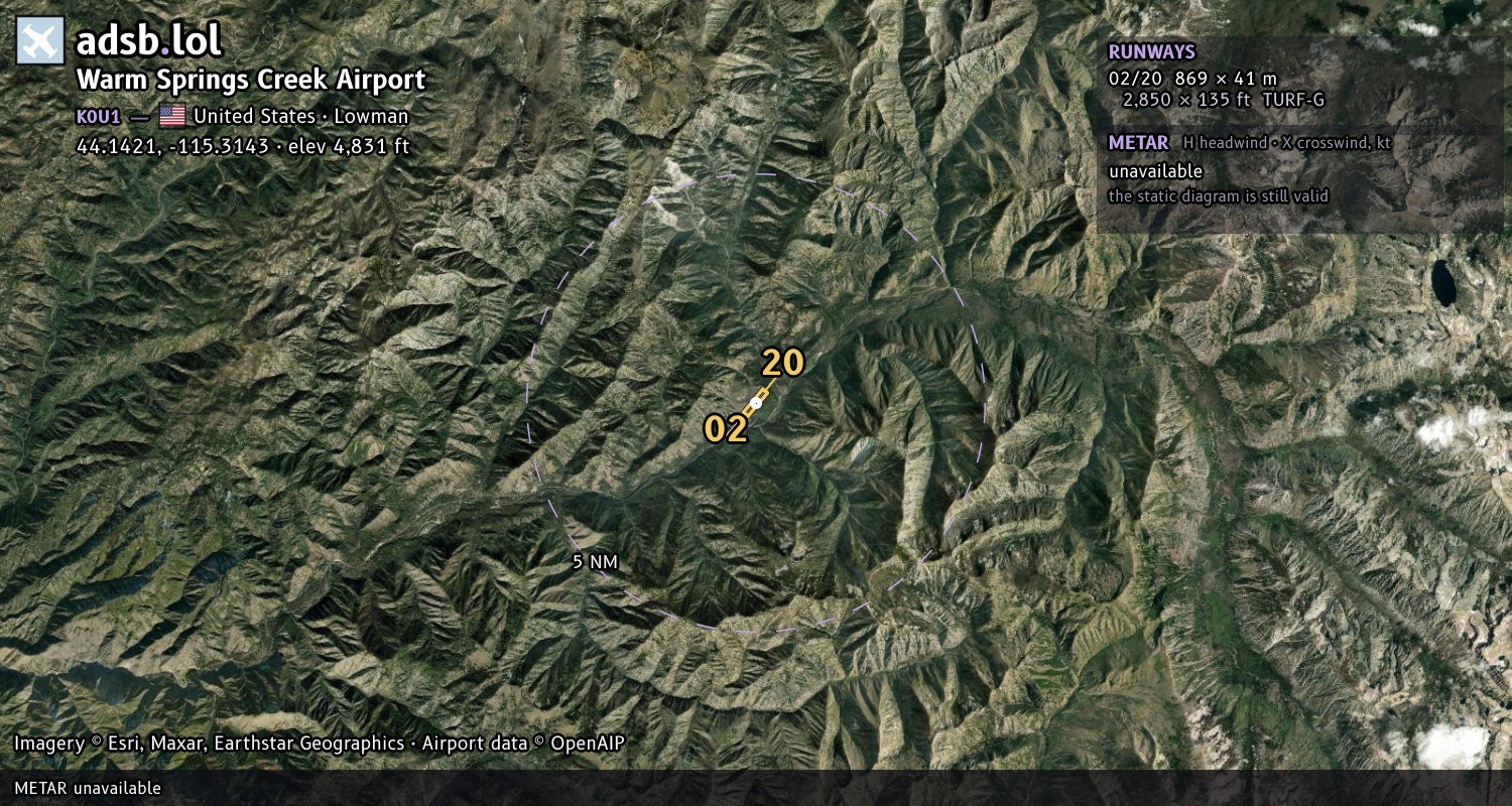 Satellite map with the runway layout of Warm Springs Creek Airport (K0U1)