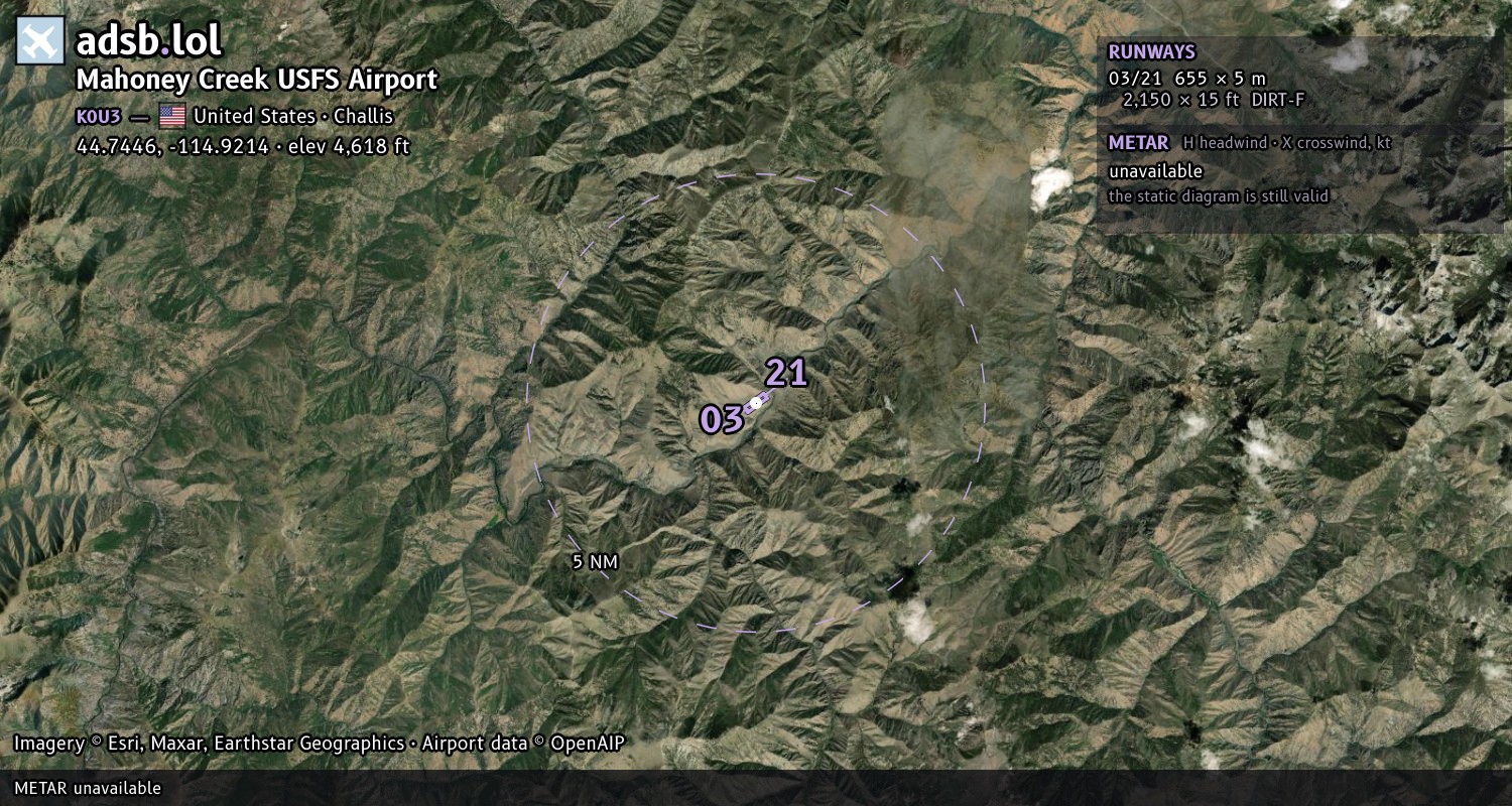 Satellite map with the runway layout of Mahoney Creek USFS Airport (K0U3)