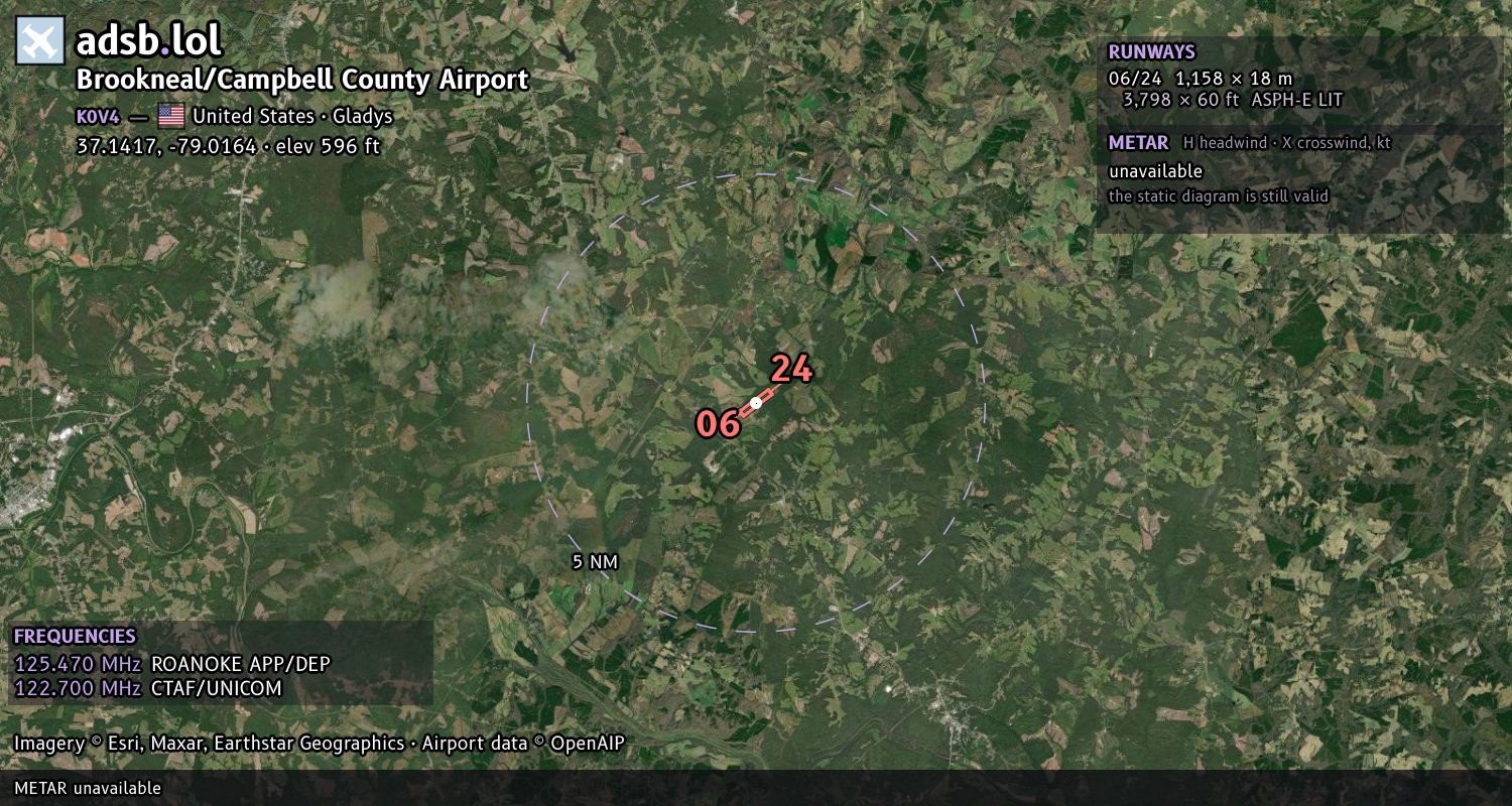 Satellite map with the runway layout of Brookneal/Campbell County Airport (K0V4)