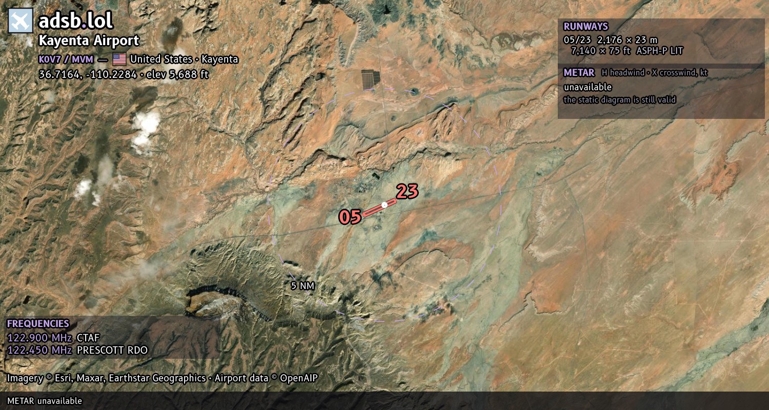 Satellite map with the runway layout of Kayenta Airport (K0V7)