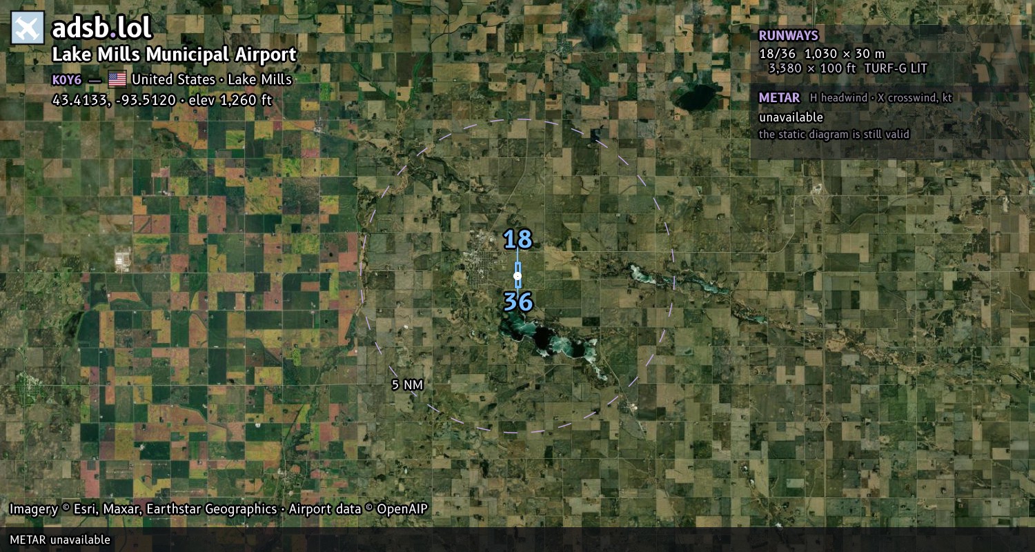 Satellite map with the runway layout of Lake Mills Municipal Airport (K0Y6)